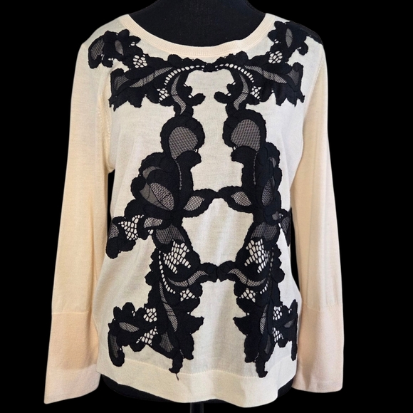 Diane Von Furstenberg Cream 100% Wool Shana Sweater With Lace Details Size L - Picture 1 of 7